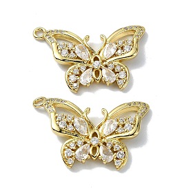 Rack Plating Real 18K Gold Plated Brass Micro Pave Cubic Zirconia Pendants, Long-Lasting Plated, Lead Free & Cadmium Free, Butterfly