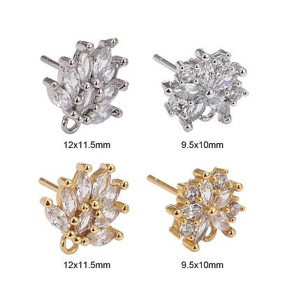 4 Pairs 2 Style Brass Mirco Pave Clear Cubic Zirconia Stud Earring Findings, with Loop, Flower