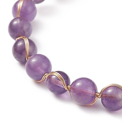 5 pcs 5 ensemble de bracelets de manchette en perles rondes avec pierres précieuses mélangées naturelles, bijoux en fil de cuivre doré pour femme