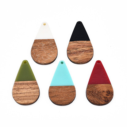 Opaque Resin & Walnut Wood Pendants, Teardrop Shape Charm