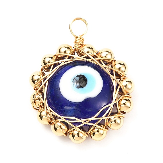 Flat Round Evil Eye Lampwork Pendants, with Brass Beads