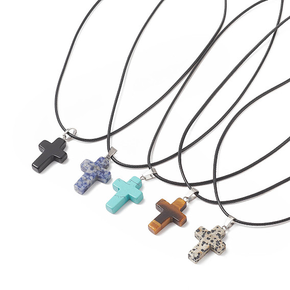 5Pcs 5 Style Natural & Synthetic Mixed Gemstone Cross Pendant Necklaces Set with Waxed Cord for Women