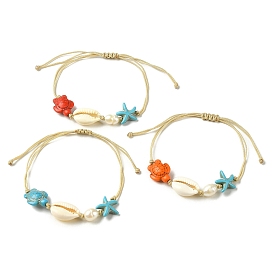 Bracelets de perles tressées en turquoise synthétique, coquillages naturels et perles, bracelet réglable tortue et étoile de mer