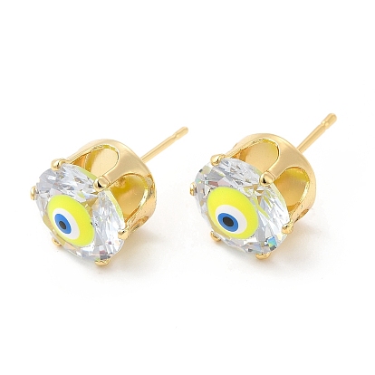 Flat Round Glass with Enamel Evil Eye Stud Earrings, Real 18K Gold Plated Brass Jewelry for Women