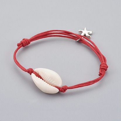 Bracelets en corde de coton ciré en peau de vache, avec breloques en alliage tibétain et cauris, étoile de mer / étoiles de mer, coquille