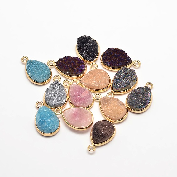Electroplate Natural Druzy Crystal Charms, with Golden Tone Brass Findings, Drop, Dyed, 18x12x3~5mm, Hole: 2mm