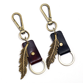 Leather Keychain, with Antique Bronze Plated Alloy Twister Clasps and Iron Key Ring, Feather