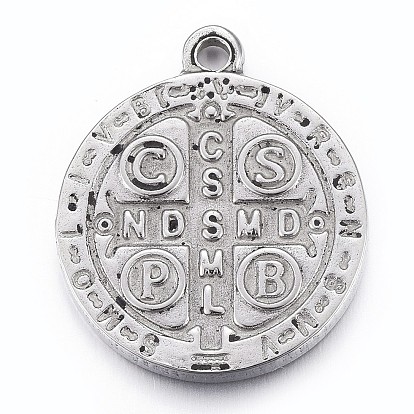 304 Stainless Steel Pendants, Flat Round with Saint Benedict Medal
