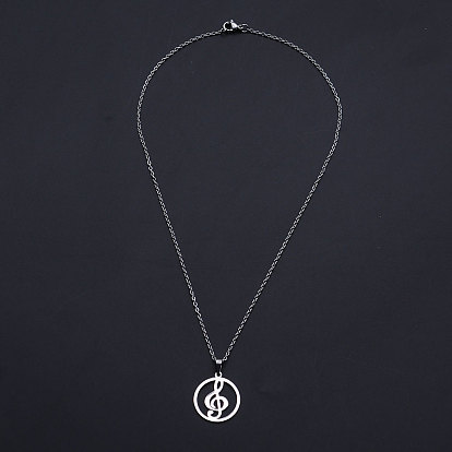 201 Stainless Steel Pendant Necklaces, with Cable Chains and Lobster Claw Clasps, Ring with Music Note