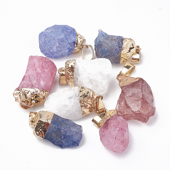 Pendeloques de cristal de quartz naturel, pendentifs en cristal de roche, avec des résultats en laiton de fer doré, nuggets