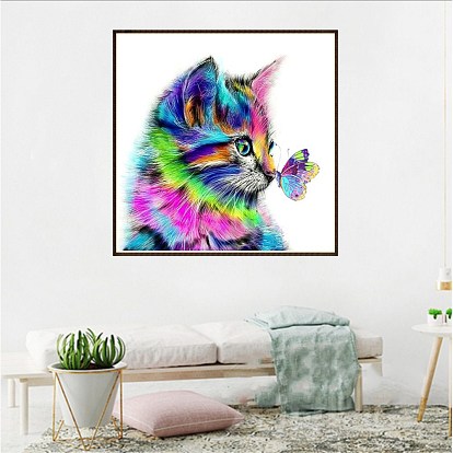 DIY Diamond Painting Canvas Kits For Kids, with Resin Rhinestones, Diamond Sticky Pen, Tray Plate and Glue Clay, Cat with Butterfly