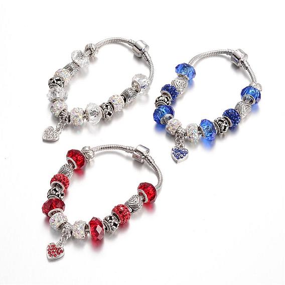Aleación de diamantes de imitación de perlas pulseras europeas, con cuentas de vidrio y cadena de latón, 190 mm