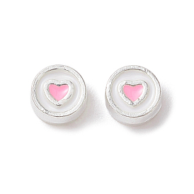 Silver Tone Alloy Enamel Beads, Flat Round with Heart Pattern