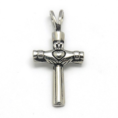 Fashionable Retro 304 Stainless Steel Cross with Claddagh Ring Pendants, Irish, 33x17x4mm, Hole: 3x5mm