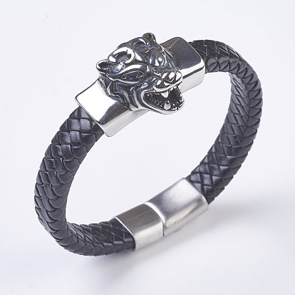 Tressés bracelets cordon en cuir pour hommes, avec des résultats en acier inoxydable 304 et des fermoirs magnétiques mat, tête de tigre
