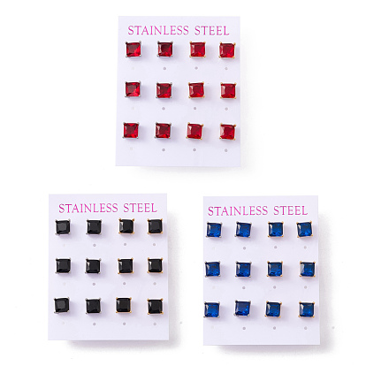 6 paires de minuscules boucles d'oreilles carrées en zircone cubique, 304 bijoux en acier inoxydable pour femmes
