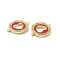 Brass Micro Pave Clear Cubic Zirconia Connector Charms, with Enamel, Flat Round with Heart Links, Real 18K Gold Plated