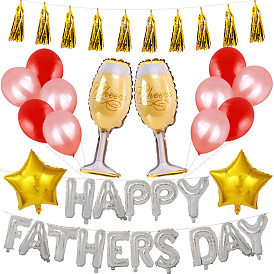 Father's Day Party Decorations Set, Happy Fathers Day & Goblet & Star Aluminum Film Balloons, Round Latex Balloons, Gold Tone Tassel Hanging Banner, for Party Festival Home Decorations