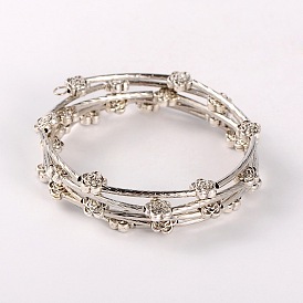 Brass Tube 5-Loops Wrap Bracelets, with Tibetan Style Flower Beads, 51mm