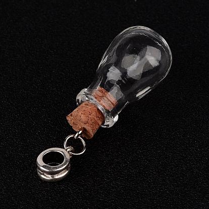 Teardrop Glass Wishing Bottle European Dangle Charms, with Alloy Tube Bails and Iron Findings, 45.5mm, Hole: 4.5mm