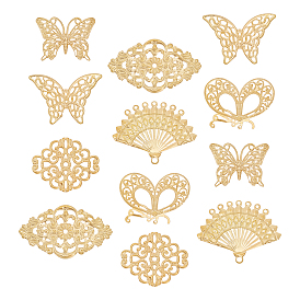 72pcs 6 liens de jonction en filigrane de fer de style, embellissements en métal gravé, losange et éventail et papillon