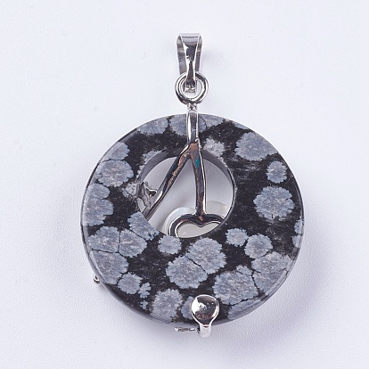 Pendentifs en pierres fines, avec coquille,  strass et accessoires en laiton de tonalité de platine, plat et circulaire avec fleur
