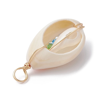 Pendentifs enveloppés de fil de cuivre en coquille naturelle, Breloques en forme de coquillage avec perles de verre colorées