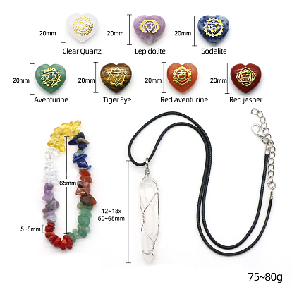 7 набор лечебных кристаллов чакр в форме сердца, ожерелье с выгравированными символами, браслет из камней чакры, для духовной медитации