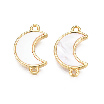 Brass Connector Charms, with Natural Shell, Real 18K Gold Plated, Moon
