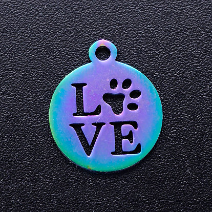 Ion Plating(IP) 201 Stainless Steel Pet Charms, Flat Round with Word Love