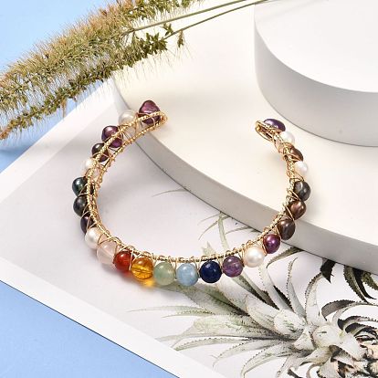 Cuentas de perlas naturales y cuentas de piedras preciosas mezcladas brazaletes para mujeres regalo de niña, brazalete de piedra con base de latón