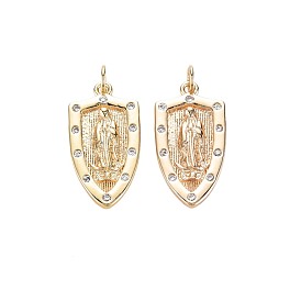 Brass Micro Pave Clear Cubic Zirconia Pendants, Nickel Free, Shield with Holy Virgin
