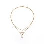 Brass Cable Chains & 304 Stainless Steel Satellite Chains Double Layered Necklace, Shell Pearl & Cubic Zirconia Star Pendants Necklace for Women