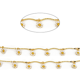 Handmade Brass Link Chains, Soldered, with Enameled Flower Charms, with Spool, Long-Lasting Plated, Real 18K Gold Plated