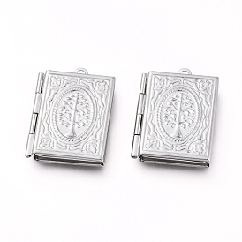 304 Stainless Steel Locket Pendants, Photo Frame Charms for Necklaces, Rectangle with Tree