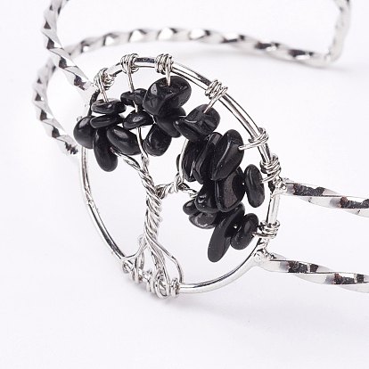 Bracelets de manchette en perles de pierre naturelle, avec les accessoires en laiton de tonalité de platine
