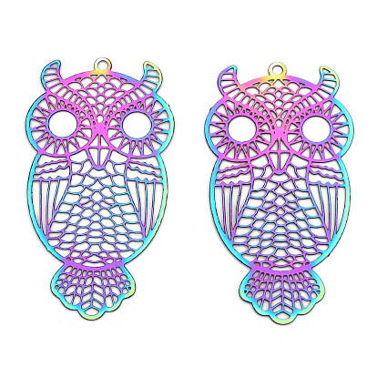 Ion Plating(IP) 201 Stainless Steel Filigree Pendants, Etched Metal Embellishments, Owl Charm