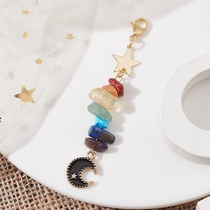 Décorations de pendentif en émail en alliage de lune, avec éclats de pierres précieuses chakra, lien étoile en laiton et fermoirs mousquetons en acier inoxydable