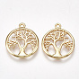 Brass Pendants, Flat Round with Tree of Life, Real 18K Gold Plated