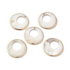 Electroplated Natural Freshwater Shell Pendants with Golden Plated Brass Edge, Flat Round Charms