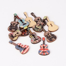 2-луночное гитара напечатаны деревянные кнопки швейные, 36x18x3 мм, отверстие : 2 мм