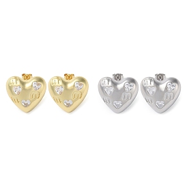 Heart Brass Micro Pave Clear Cubic Zirconia Stud Earrings, Long-Lasting Plated, Lead Free & Cadmium Free