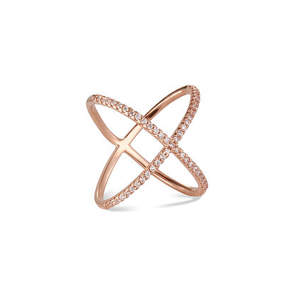 SHEGRACE Vogue Design Rose Gold Plated Brass Finger Ring, Criss Cross Ring, Double Rings, X Rings, with  Micro Pave AAA Cubic Zirconia Criss Cross, 17mm