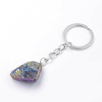 Porte-clés quartz cristal plaqué arc-en-ciel, avec les accessoires en fer, nuggets, platine