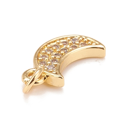 Brass Micro Pave Cubic Zirconia Charms, Real 18K Gold Plated, Lead Free & Cadmium Free, Moon