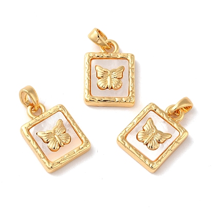 Brass Square Pendants, Butterfly Charms with Natural Shell