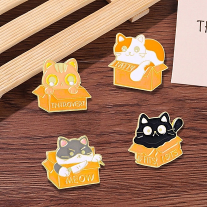 Broche de gato de dibujos animados en la caja de papel, lindos alfileres de esmalte de aleación de animales, Insignia de gatito para mochila de ropa.