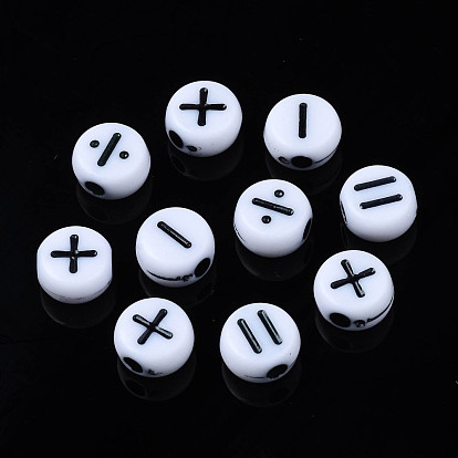 Abalorios de acrílico opacos, ronda plana con símbolo aritmético, blanco