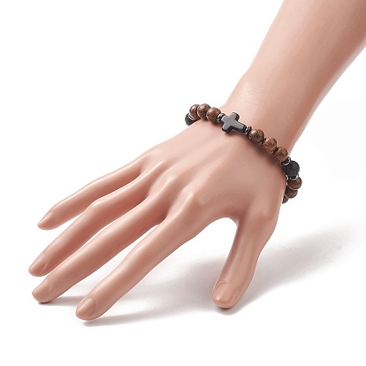 Gemstone & Natural Rosewood Beaded Stretch Bracelet for Men Women, Cross Bracelet
