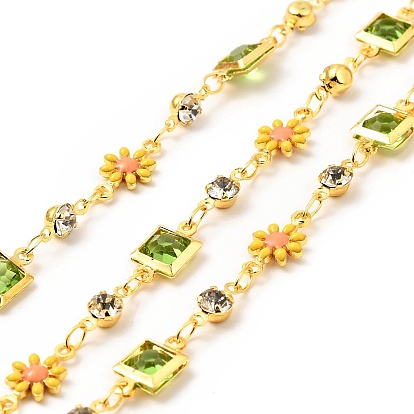Glass Square & Enamel Flower Link Chains, with Real 18K Gold Plated Brass Findings, Soldered, with Spools